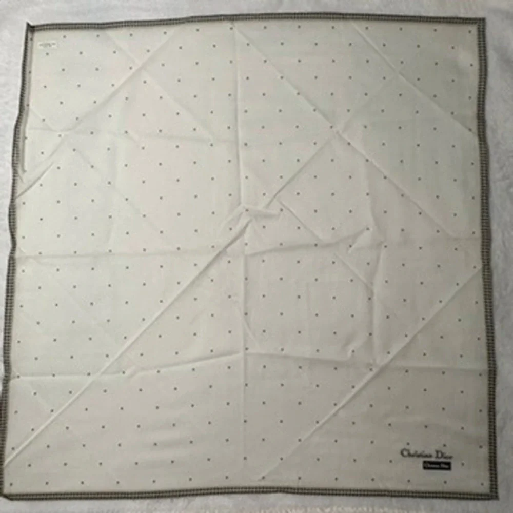Vtg CHRISTIAN DIOR Scarf Handkerchief Polka Dot Cotton Cream Black 18.5